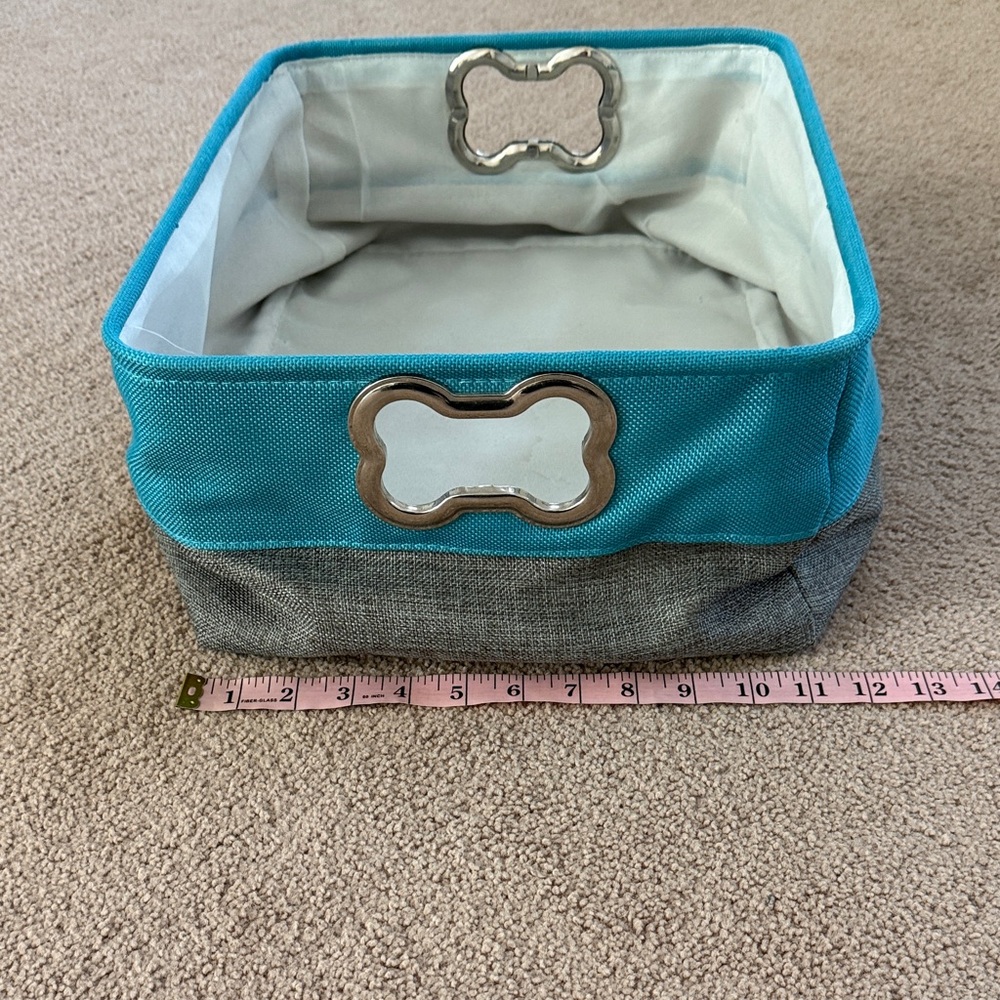 Turquoise and Gray Fabric Storage Bin for pet toys. Dog bone handles. - Picture 3 of 7